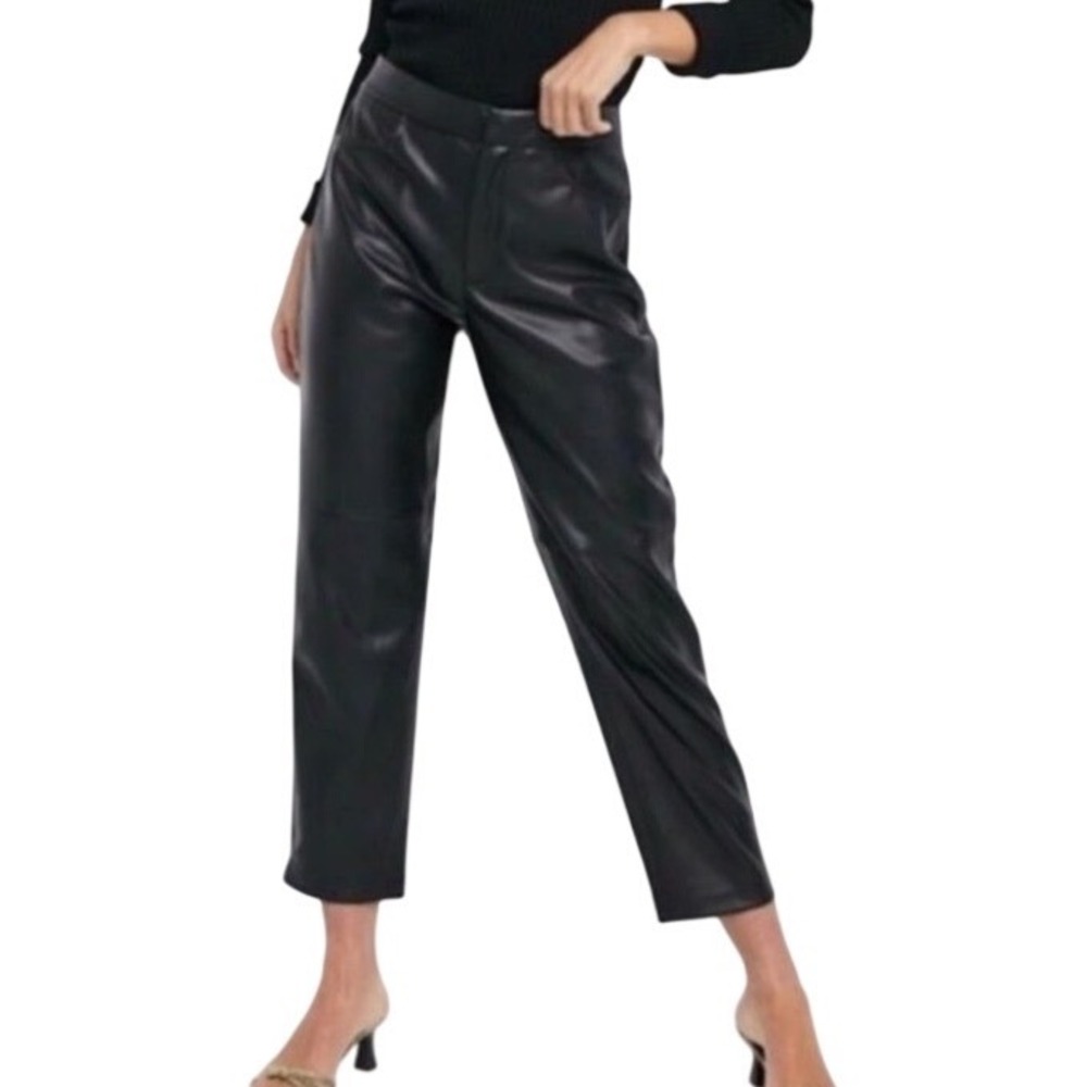 7 For All Mankind‎ vegan Leather Crop Trousers Black High Rise Paperbag M NWT